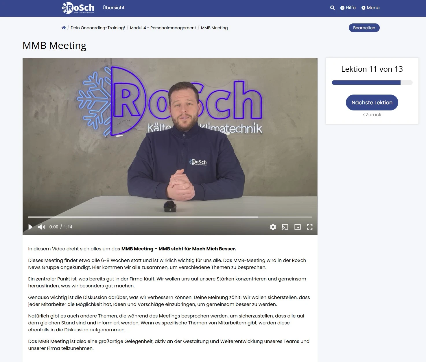 Digitale Schulungsplattform von RoSch: Onboarding-Training mit Videolektionen und Fortschrittsanzeige
